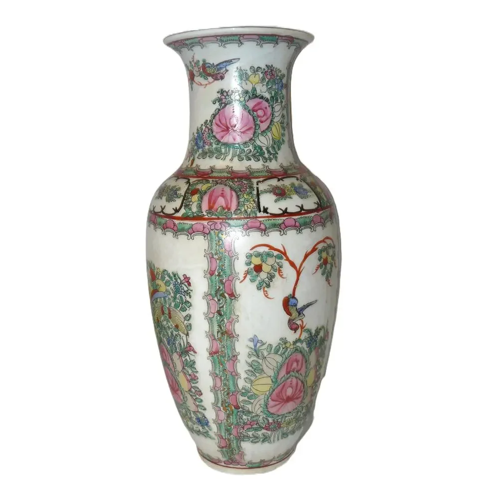 Vtg Chinese Porcelain Vase Hand-Painted Floral Bird 14
